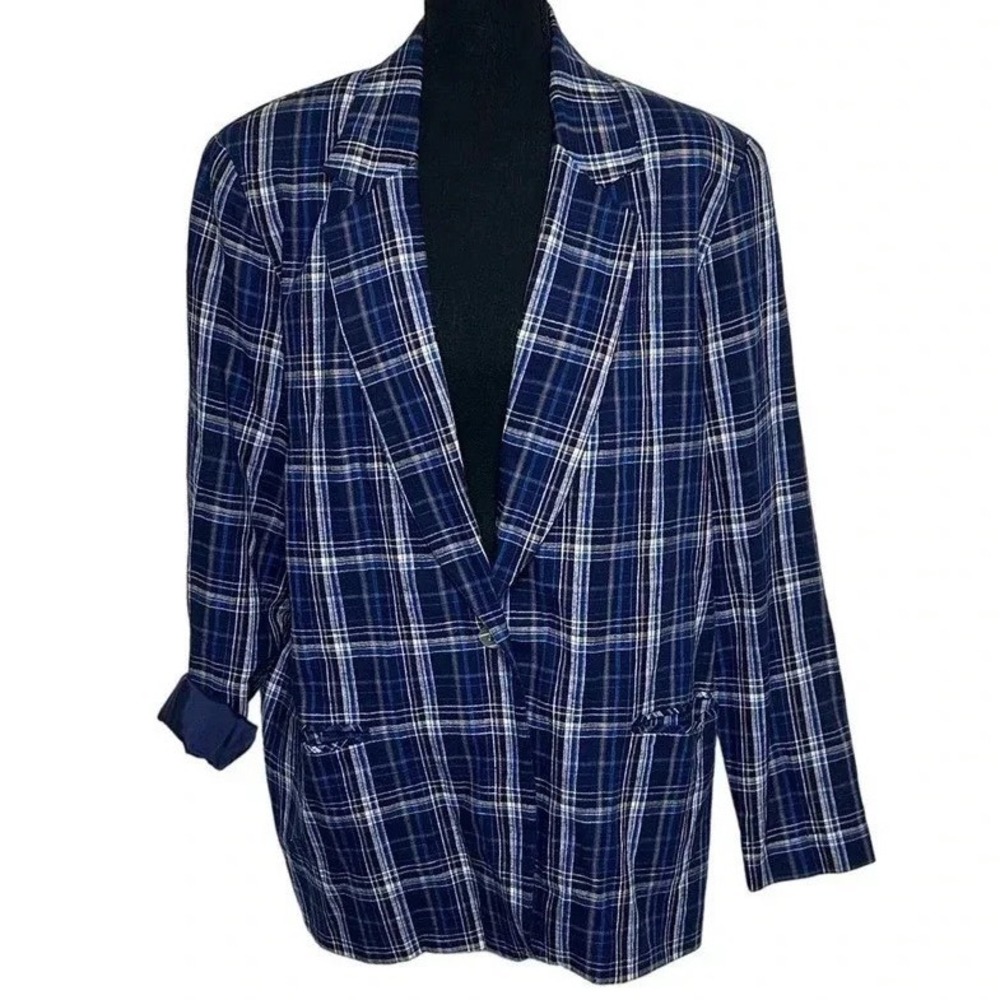 Requirements Blazer 16 Blue Plaid Linen Blend Shoulder Pads Single Button